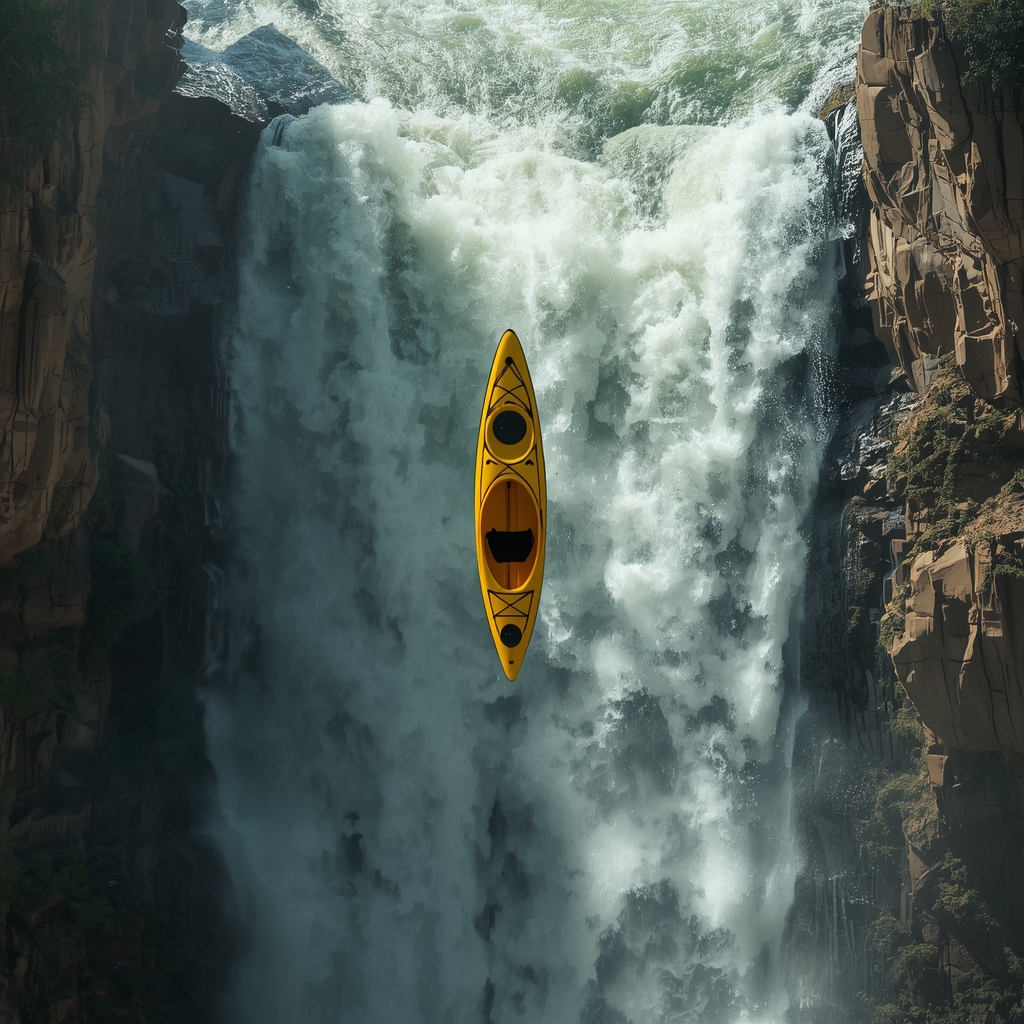 A dramatic action shot of a bright yellow empty kayak suspended mid-air while plummeting down a massive rushing waterfall, deep canyon walls, fierce white water, photorealistic, 8k, extreme sports background, no people, no text